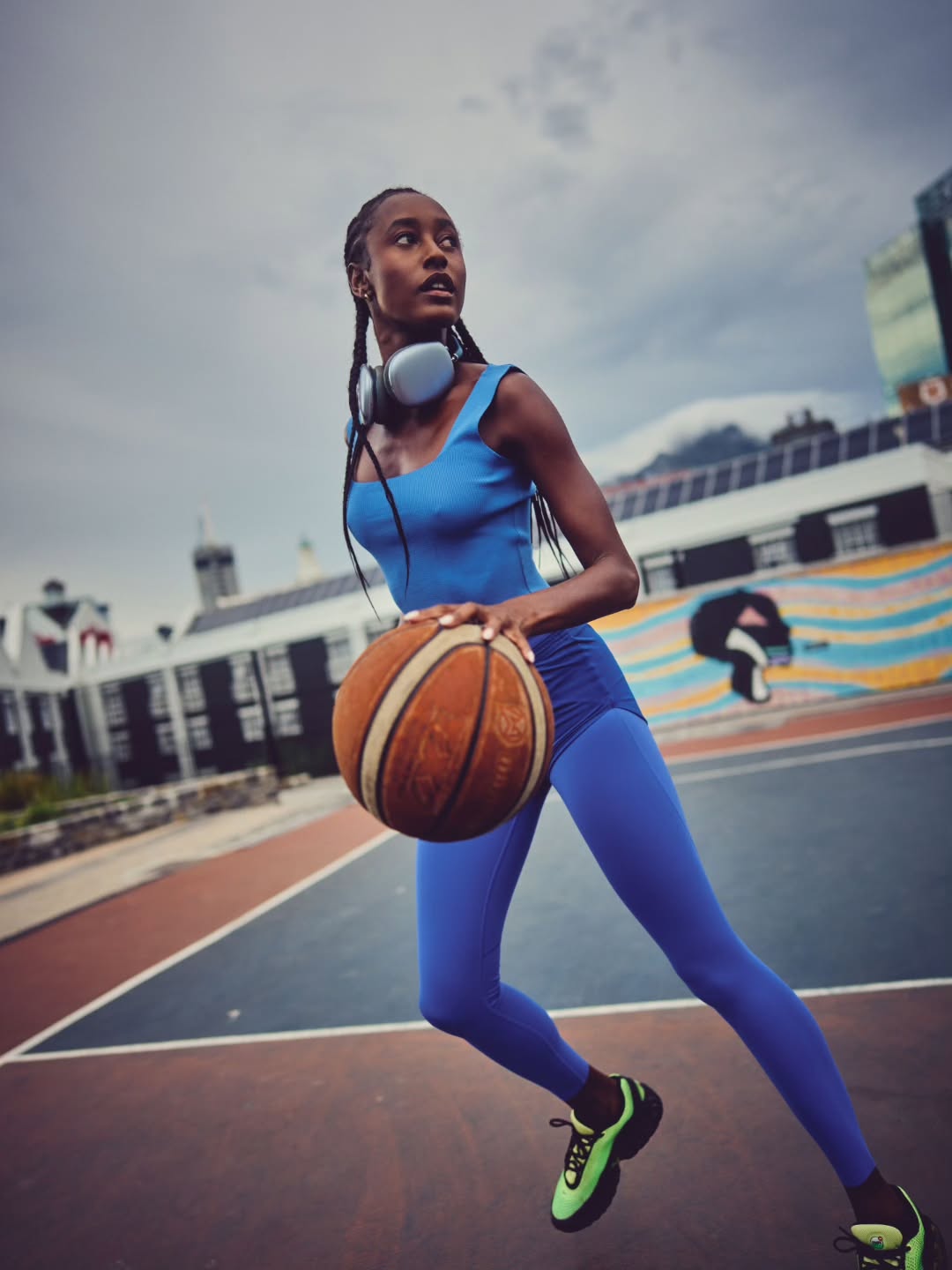 Ande Mafenuka styling — Fitness Series, blue athleticwear on a Cape Town basketball court