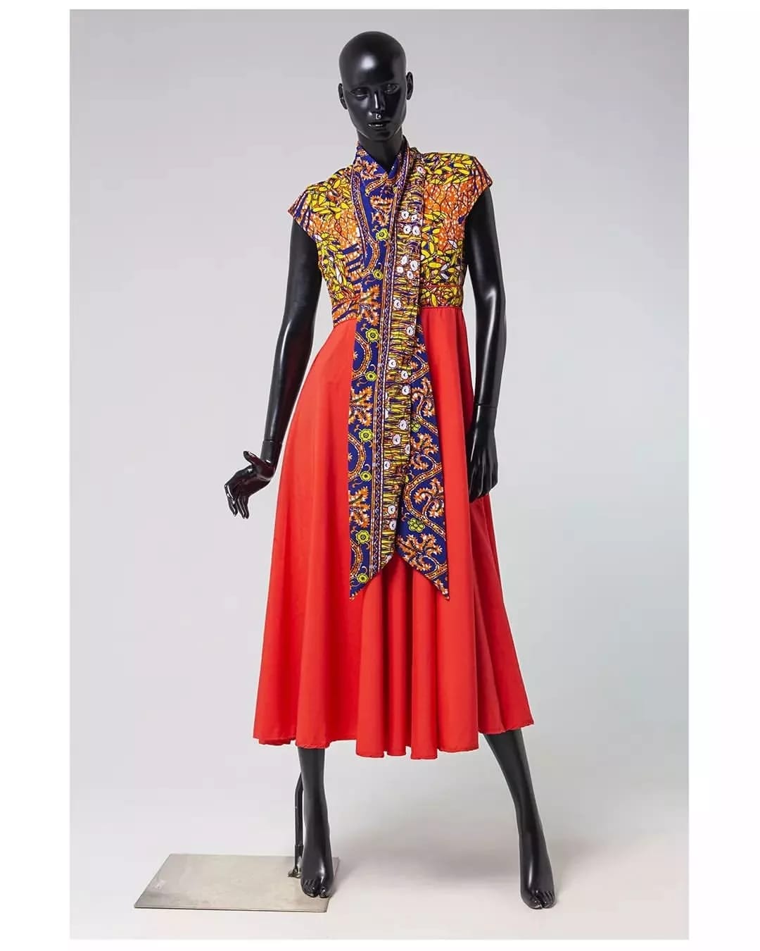 Ande Mafenuka styling — Mannequin Installation, red dress with African-print bodice for The Market Theatre Foundation